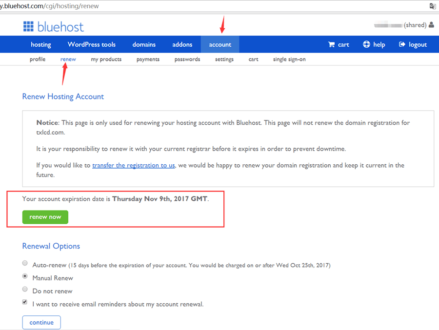 BlueHost美国主机到期续费教程